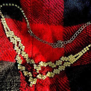 Rhinestone necklace bib style vtg angular geometric HTF clear design Silvertone